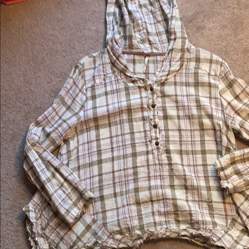 Free People ruffle hooded plaid long sleeve shirt